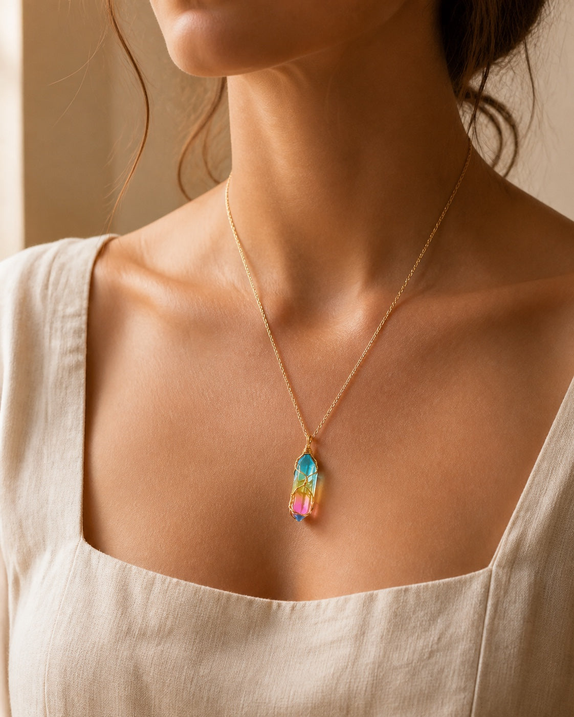 Aurora necklace worn at the collarbone